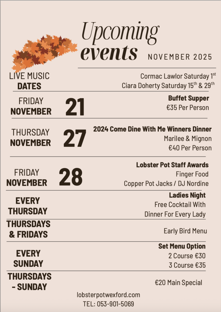 November Events Lobster Pot Wexford